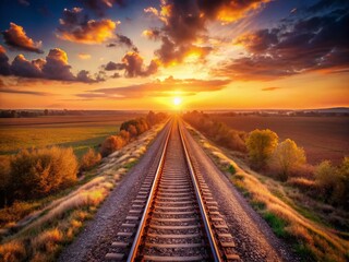 Obraz premium Vintage Railroad Tracks at Sunset - Scenic View of Two Parallel Tracks Vanishing into the Horizon with a