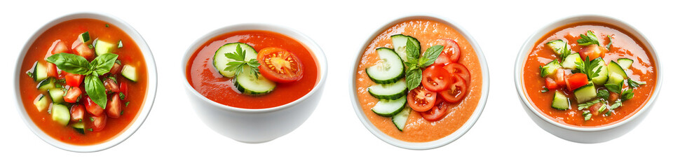 Set of Spanish gazpacho with tomato and cucumber, isolated on a transparent background.