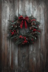 Beautiful Rustic Christmas Wreath with Red Berries and Pinecones on Weathered Wooden Background, Perfect for Holiday Decor and Festive Celebrations.