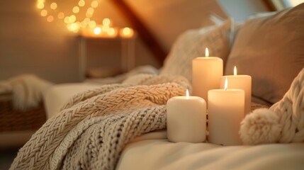 A snug attic refuge with an abundance of candles and warm neutral furnishings for ultimate relaxation.