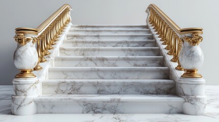 A white marble step with golden railings, standing on a clear white background for a luxury setup.
