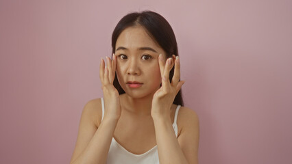 Chinese woman isolated over a pink background, posing with hands near face, showcasing beauty and skincare.