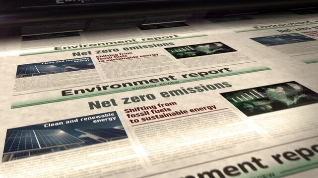 Net zero emissions green energy and decarbonize daily news newspaper roll printing. Abstract concept retro headlines 3d seamless looped.