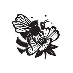 Bumble Bee Flower Clipart SVG black and white silhouette Vector Design