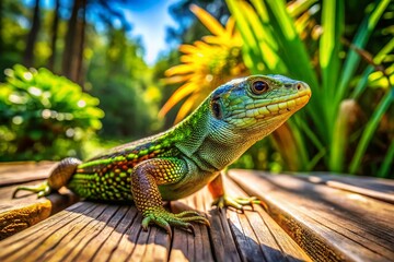 Fototapeta premium Viviparous Lizard on Wooden Boardwalk - Nature Photography