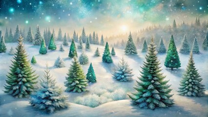 Naklejka premium Watercolor Christmas Trees in a Snowy Landscape with Falling Snow - Festive Winter Scene