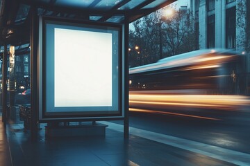 Fototapeta premium A Bus Station at Dusk With Blurred Bus Motion and an Empty Advertisement Space Waiting for Promotion