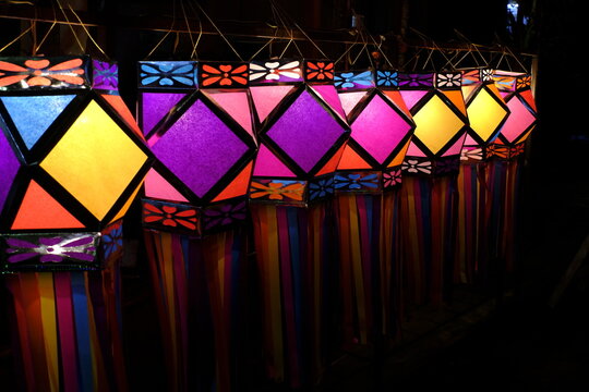 Series of colourful aakash kandil lights displayed in Pune city area, during Diwali Festival.