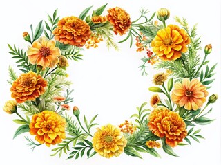 Obraz premium Watercolor Marigold Flower Frame with Orange and Yellow Blooms for Botanical Designs