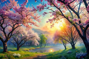 Fototapeta premium Watercolor Trees and Flowers: Long Exposure Nature Art for Home Decor