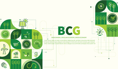 BCG concept for sustainable economy development. Bio economy, circle economy, green economy with icons for web banner. Environment eco friendly. Vector illustrator.