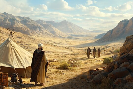 Old Testament story: Abraham meets three angels in the form of travelers