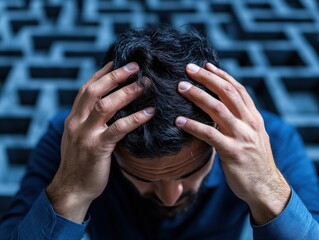 An image portraying a stressed man with his head in his hands, surrounded by a symbolic maze background, representing confusion and mental turmoil.