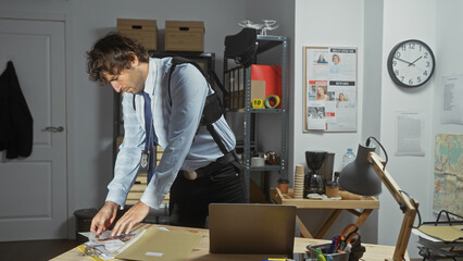 A focused young hispanic man examining evidence at a cluttered detective's desk in a police...