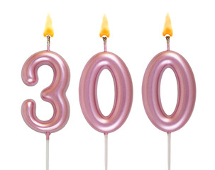 Burning pink birthday candles isolated on white background, number 300