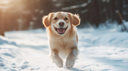 Happy dog running in the snow on a winter day