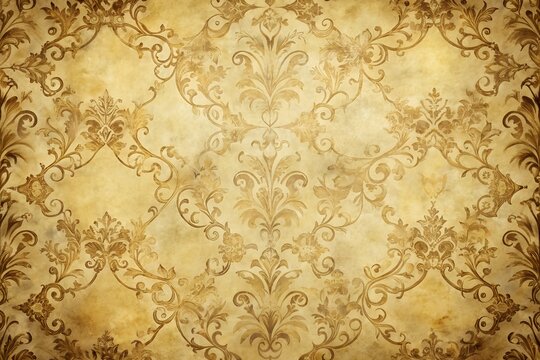 Fototapeta Vintage wallpaper with antique floral swirls in warm beige and golden tones, creating a sophisticated, aged look for historical designs.