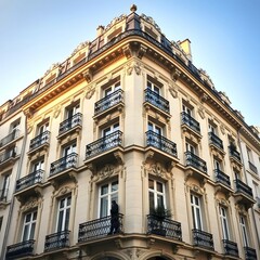 Obraz premium A Belle Époque-era Parisian apartment building with ornate balconies and ironwork details