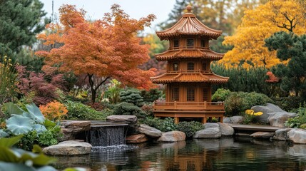 A wooden pagoda in the middle of a garden with balanced Feng Shui elements, such as water, rocks, and plants.