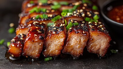 Succulent slices of glazed pork, topped with green onions and sesame seeds, served alongside a rich dipping sauce for a flavorful experience.