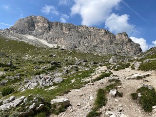 Panoramic view of Sass Ciampac in Alta Badia Valley, Dolomites , Trentino, Alto Adige, Sudtirol, South Tyrol, Italy