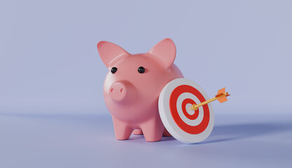 Piggy Bank And Arrow on Red Dartboard Isolated on pastel color background