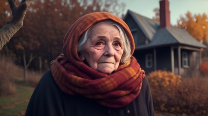 An old, poor woman with a sad expression on her face outside a rural abandoned house in the fall. October 17 is the International Day for the Eradication of Poverty