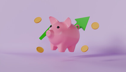 Pink piggy bank with coins and an upward arrow, symbolizing savings and financial growth