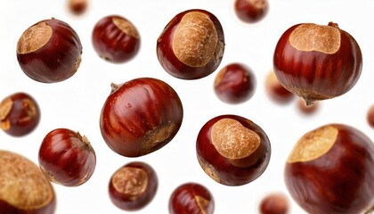 Raw chestnuts flying in the air on white background. Portuguese traditional snack