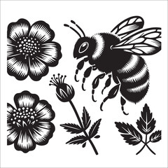 Bumble Bee Flower Clipart SVG black and white silhouette Vector Design