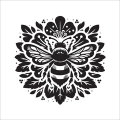Bumble Bee Flower Clipart SVG black and white silhouette Vector Design