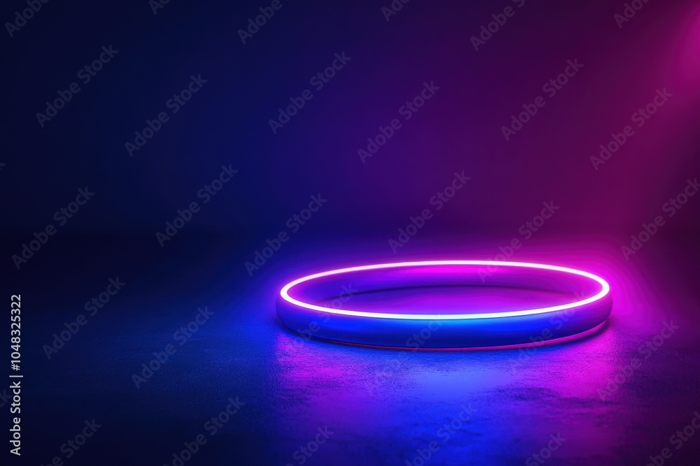 Poster glowing neon circle in blue and violet tones on a dark background with space for custom text display