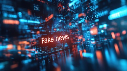 the inscription fake news on the background of a studio with a lot of monitors and technological equipment
