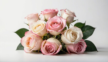 Fototapeta premium Beautiful bouquet of pink delicate roses lies on a white background. Wedding, Valentine's Day.