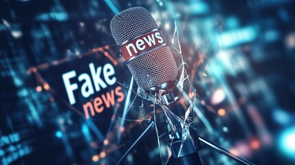 microphone in the studio with monitors and the inscription fake news