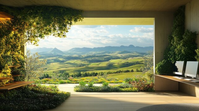 Computer workstations and indoor plants in a sleek, contemporary office vertical garden, a broad perspective of the countryside, a sustainable workplace, and 3D rendering