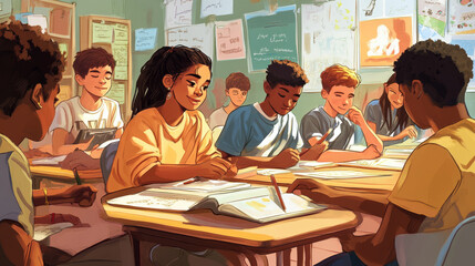 Obraz premium A classroom with students of various ethnicities working together