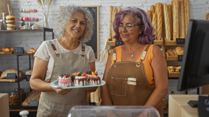 Two mature women bakers working together in a cozy bakery shop, holding beautifully decorated cakes...