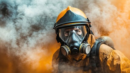 Obraz premium portrait of a firefighter in a protective suit against a background of fire