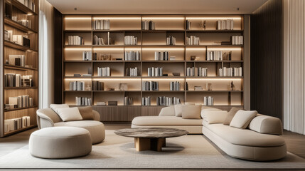 Clean and organized bookshelf with neutral tones