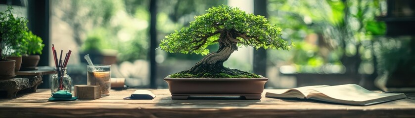 Bonsai tree in a pot on a wooden table, with a blurred green background.