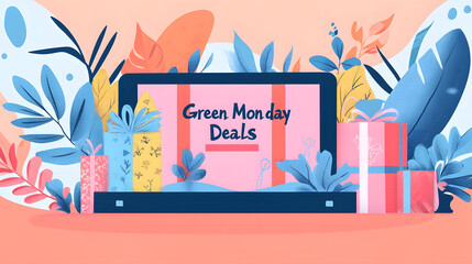 Naklejka premium Green Monday Deals are showcased on vibrant laptop screen surrounded by colorful gifts and tropical foliage, creating festive and inviting atmosphere