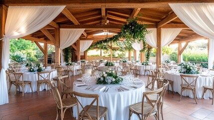Obraz premium A beautifully arranged indoor venue with round tables adorned with floral centerpieces, surrounded by natural light and greenery.
