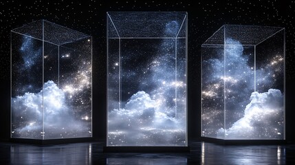 Three glass boxes showcase swirling clouds and cosmic visuals, creating an ethereal space scene.