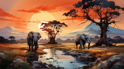 Watercolor safari landscape with elephants at sunset