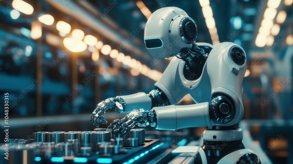 Poster A humanoid robot working on a factory line.