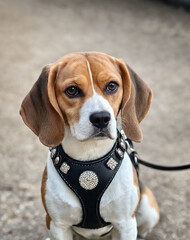 Dog. Beagle. .Dog in a beautiful harness. Leather, rhinestones.