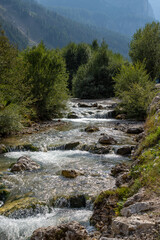 Rio Gadera river and the forest in Corvara in Alta Badia valley, Dolomites , Trentino, Alto Adige, Sudtirol, South Tyrol, Italy
