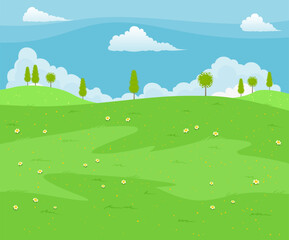 Obraz premium Beautiful natural landscape with green grass, flower, trees and cloud in the blue skies