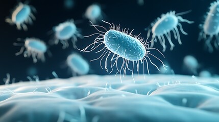 A conceptual image of allergen particles and dust mites floating above a bed, representing how their waste can be inhaled, triggering allergies.